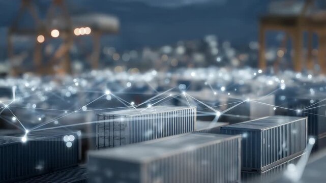 Smart containers with embedded sensors communicating with autonomous vehicles in vast logistics terminal, symbolizing predictive routing, AI connectivity, and seamless supply chain integration.