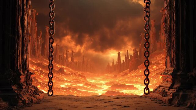 Chains plunge downward through fire into a smoking chasm, suggesting captivity, punishment and the weight of guilt pulling souls toward an unforgiving infernal depth concept