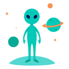 Bright Teal Alien Exploring Planet Vector Illustration