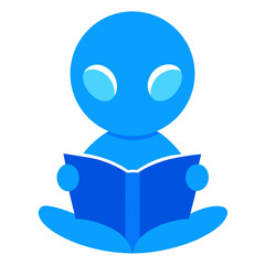 Bright Blue Alien Reading Book Flat Vector Illustration