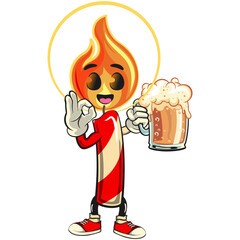cute candle mascot cartoon vector illustration with light flame character raise a large glass of beer andgiving an okay sign, isolated for holiday and celebration design, work of hand drawn