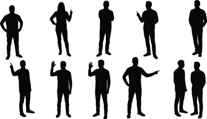Collection of man and woman silhouette poses talking pointing standing and greeting for communication business and social design illustration