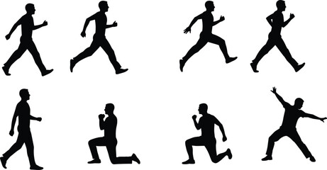 Collection of man silhouette poses walking running jumping kneeling and exercising for fitness motion and sports design illustration