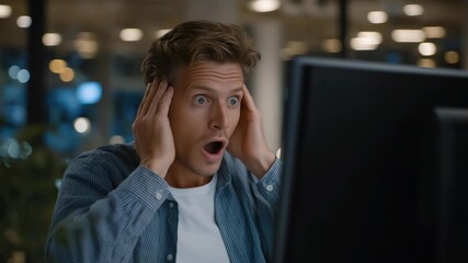 User reacting with shock while a computer displays a virus notification on screen, symbolizing cybersecurity threat awareness, digital protection, malware detection, and urgent IT response. - Powered by Adobe
