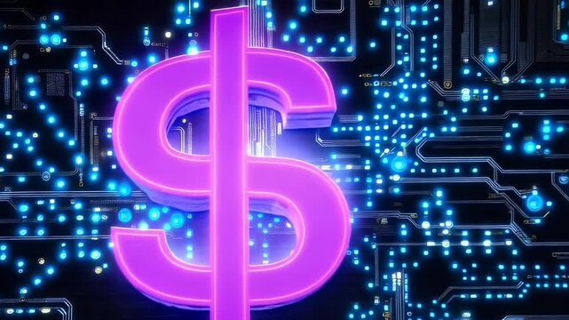 Digital Dollar Symbol on Circuit Board Background
