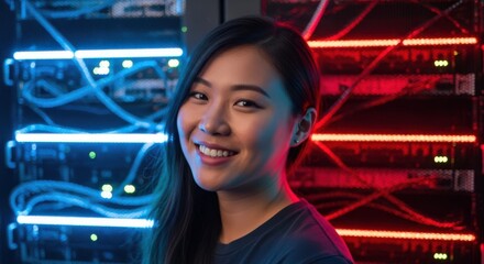 Young asian woman smiling confidently amidst glowing blue and red server racks in a modern data center environment
