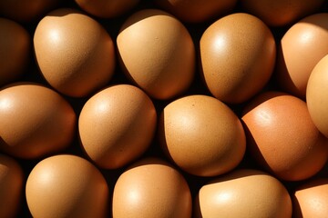 Many raw chicken eggs as background, closeup