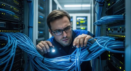Focused technician inspects complex network cabling within a server room amidst blinking lights and technology infrastructure