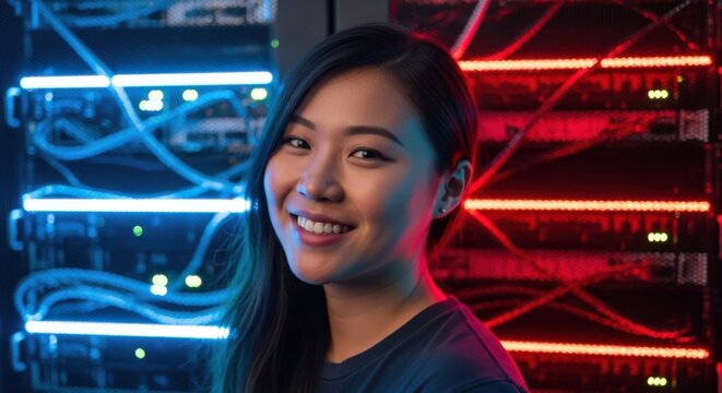 Young asian woman smiling confidently amidst glowing blue and red server racks in a modern data center environment