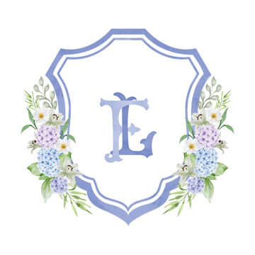 Charming floral crest with intertwined letters l and f, isolated on white background