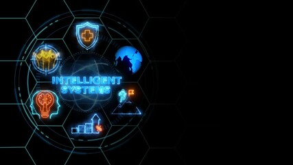 intelligent systems neon text .internet and networking concept, cube glow with and holographic futuristic technology matrix global security with digital spot light and stretch background 4k video. - Powered by Adobe