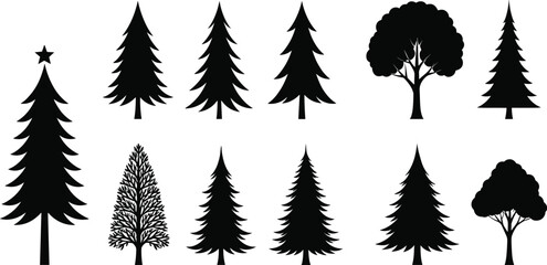 Set of pine and deciduous tree silhouettes, black forest vector icons, evergreen nature elements, simple outdoor landscape design illustration collection