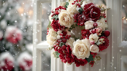 Elegant Red and Cream Christmas Wreath with Roses and Berries, Hanging on a White Door with Soft Falling Snow Background.