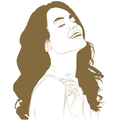 A monochrome vector illustration depicts a woman with long, wavy hair, head tilted back, laughing with joy and a genuine smile, holding her neck gently.