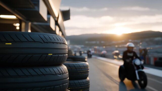 A race team stacks spare tires in a pit lane, with rubber gleaming, labels marking compounds, a crew chief checking pressures, and a track roaring in the distance, shown in a organized photo with