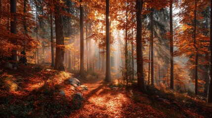 Obraz premium Autumn forest with fallen leaves, warm orange and red tones, sun rays streaming through trees.