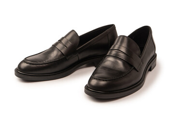 Black leather loafers isolated on white background.