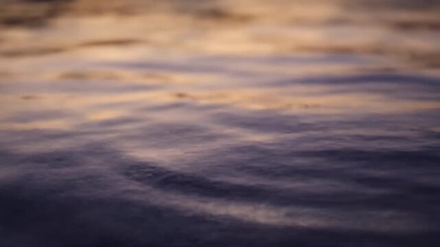 Abstract patterns of water ripples on a calm surface reflect the fading light of dusk, captured with a slow macro dolly shot showcasing intricate textures tranquil, close-up, nature
