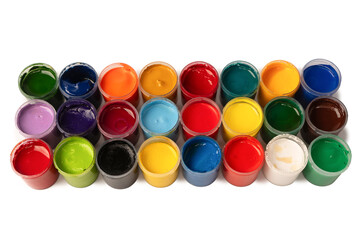 Gouache colorful paints set. Jars of gouache paint isolated on a white background.
