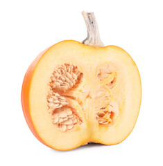 Half of ripe pumpkin with seeds isolated on white