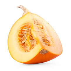 Piece of ripe pumpkin with seeds isolated on white