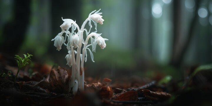 Ghost Pipe (Monotropa uniflora) glowing white against forest floor, mysterious surreal mood, soft bokeh background.