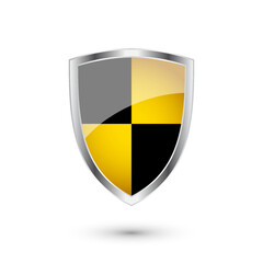 Fototapeta premium Glossy shield with yellow and black pattern. Security and protection concept. Cyber safety icons, internet privacy, web defense, digital data protection and antivirus themes. Vector illustration