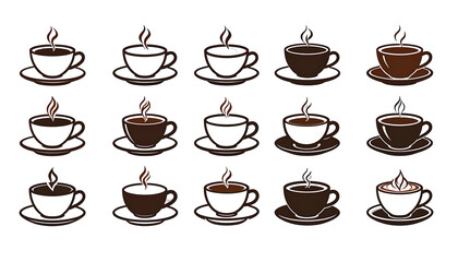 Fifteen stylized coffee cups in varying brown shades steaming against a black background