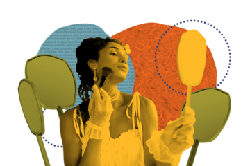 Art 3d sketch collage of happy gorgeous girl hold paintbrush mirror do makeup routine blush apply foundation visage hobby