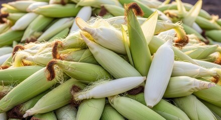 Large pile of fresh corn cobs with green and white husks, showing silk, recently harvested on a bright day