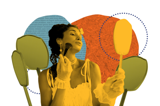 Art 3d sketch collage of happy gorgeous girl hold paintbrush mirror do makeup routine blush apply foundation visage hobby