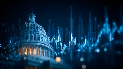 Illuminated neoclassical governmental structure blends with digital financial data visualization at night