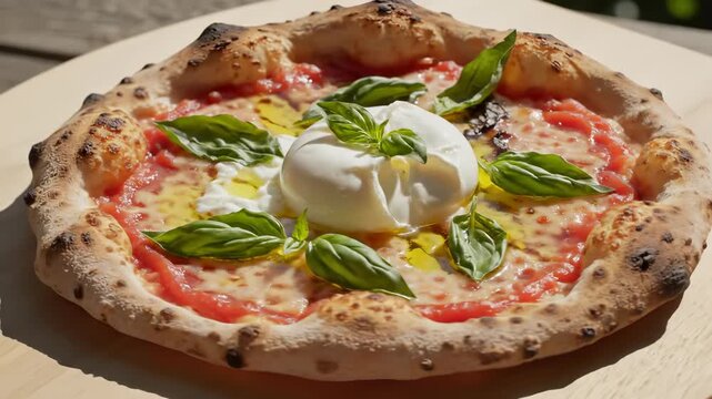 Close-Up of a Gourmet Neapolitan Pizza with Fresh Burrata Cheese, Basil, and Olive Oil.