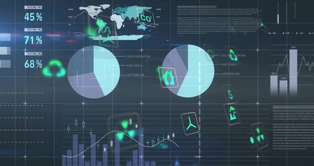 Showing holographic display in control hub, with world map, pie charts and graphs, metric labels
