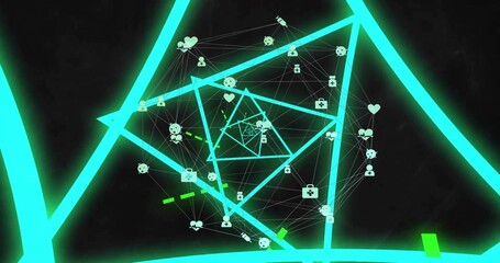 Displaying spiraling network in virtual space, with neon lines, icons, connectors and green accents