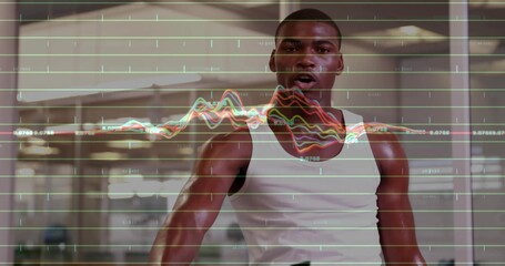 Powering through treadmill, man wearing white tank top in gym, showing performance metric overlay