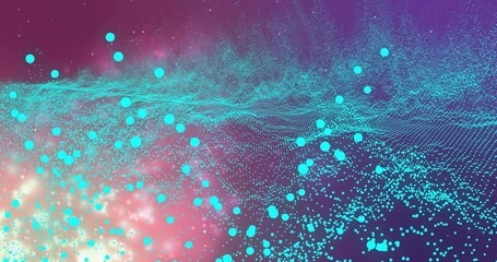 Forming turquoise waves and dot clusters in digital space with pink peach glow and purple backdrop