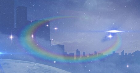 Floating translucent rings drifting across horizon, with planet surface and city skyline silhouette