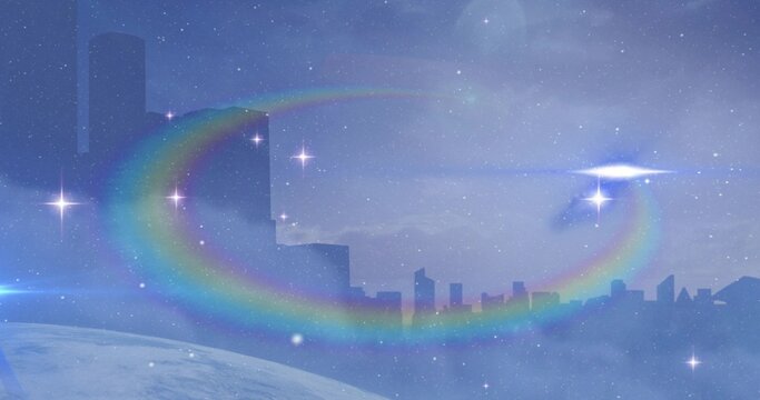 Naklejki Floating translucent rings drifting across horizon, with planet surface and city skyline silhouette