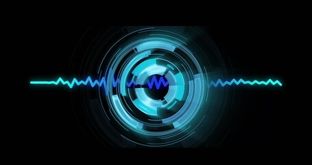 Displaying glowing segmented interface rings in virtual panel, with horizontal waveform line