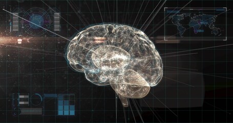 Projecting holographic brain model floating on lab display, with grid overlay and HUD elements