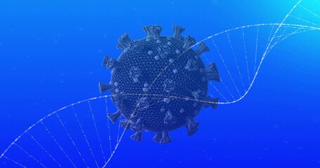 Floating 3D wireframe virus model hovering before blue backdrop, with dotted DNA double helix