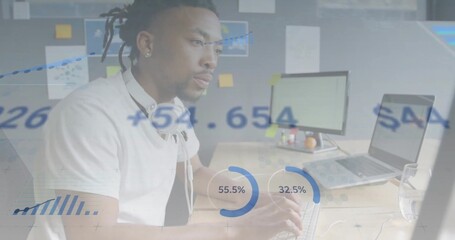 Analyzing financial charts office worker reviewing numbers on computer screen at desk, copy space
