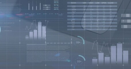 Displaying dashboard with finance table, bar and line charts, gauges and labels on blue-gray screen