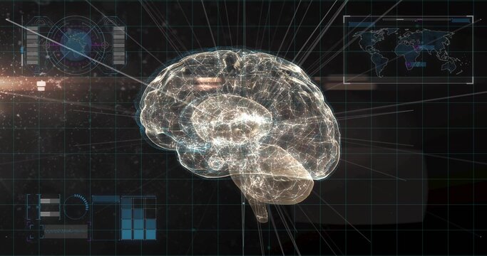 Projecting holographic brain model floating on lab display, with grid overlay and HUD elements - Powered by Adobe
