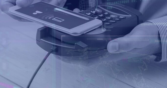 Tapping smartphone on wired contactless payment terminal at checkout counter, displaying NFC icon