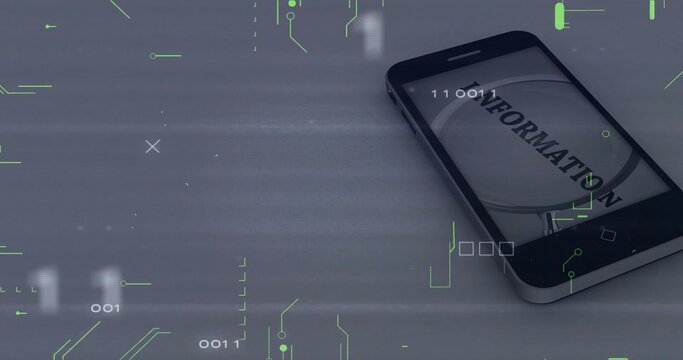 Smartphone resting on desk, showing info via magnifier with circuit and binary code, copy space