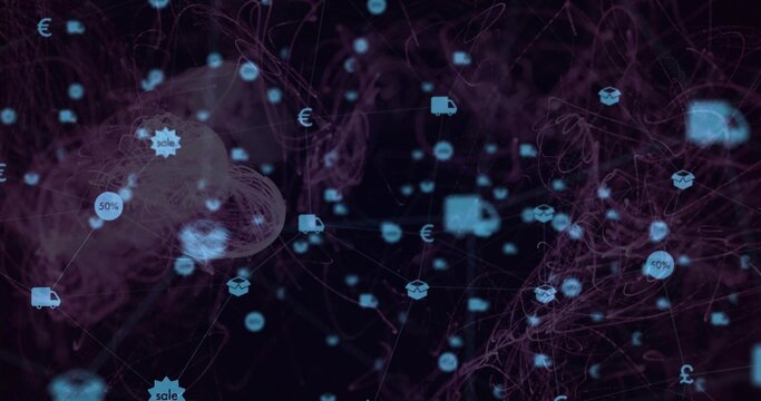 Fototapeta Weaving purple lines linking nodes in ecommerce network, with delivery truck and box icons