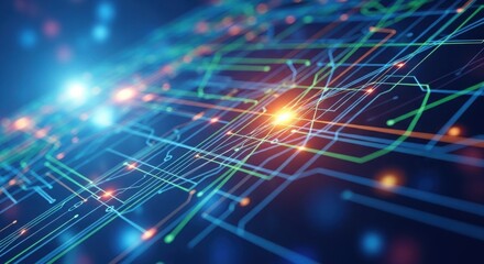 Abstract visualization of interconnected digital data streams with glowing nodes representing information flow and network connections