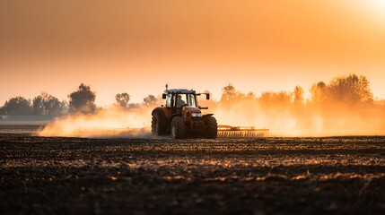 Fototapeta premium Heavy machinery cultivates dark earth during brilliant sunset over distant trees